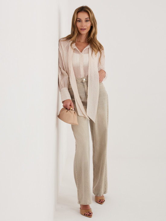 Béžová pruhovaná košile s vázáním a nabíranými rukávy