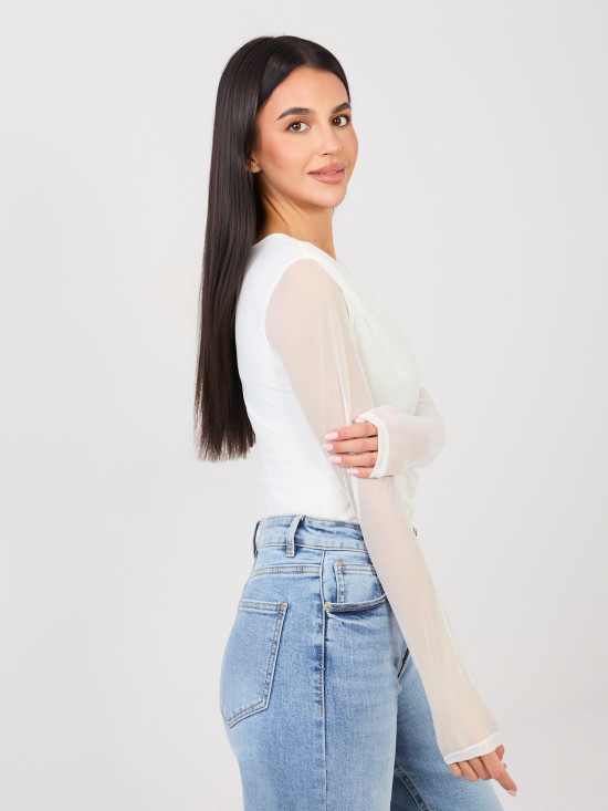 Bílé elegantní body s dlouhým rukávem a kulatým výstřihem
