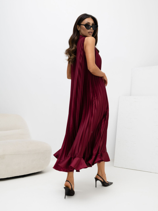 Bordó koktejlové midi šaty s vázáním a volánem