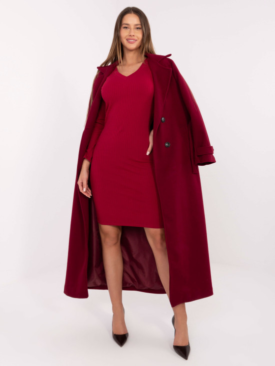 Bordové žebrované pouzdrové šaty s dlouhým rukávem a výstřihem do V