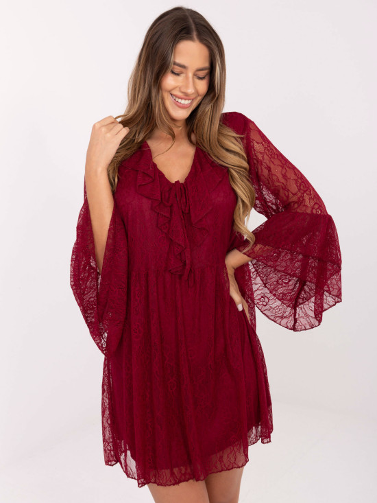 Bordó áčkové mini šaty s krajkou a šněrováním