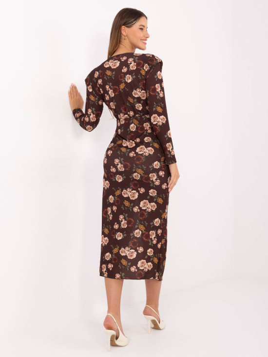 Hnědé květované midi šaty s překládaným výstřihem