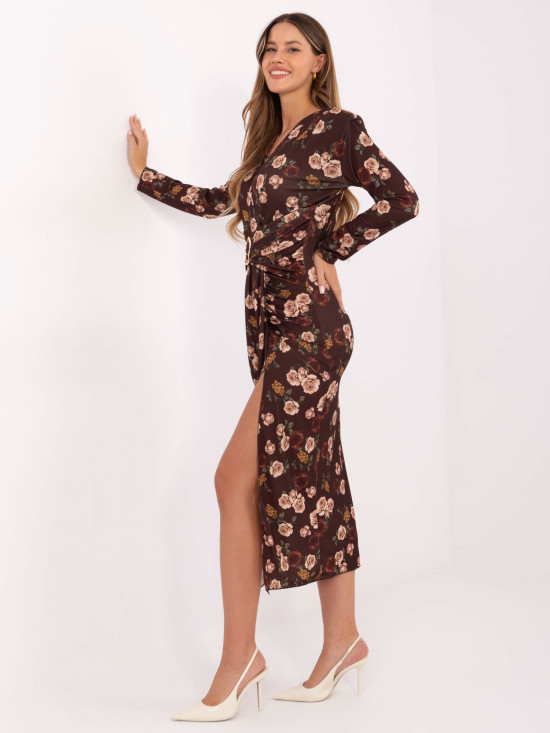 Hnědé květované midi šaty s překládaným výstřihem