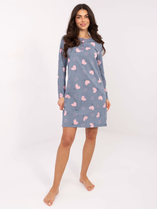 Dámská noční košile s dlouhým rukávem, tmavě modrá, bavlněná