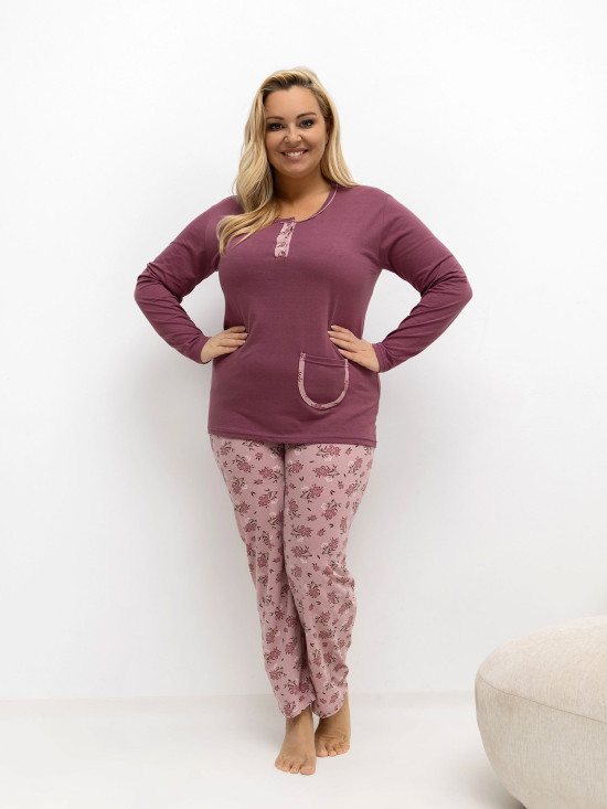 Dámské pyžamo s květinovým vzorem a dlouhým rukávem, růžové