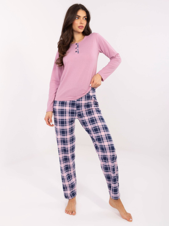 Dámské pyžamo s dlouhým rukávem v růžové barvě s kostkovaným vzorem