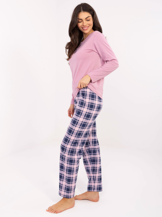 Dámské pyžamo s dlouhým rukávem v růžové barvě s kostkovaným vzorem