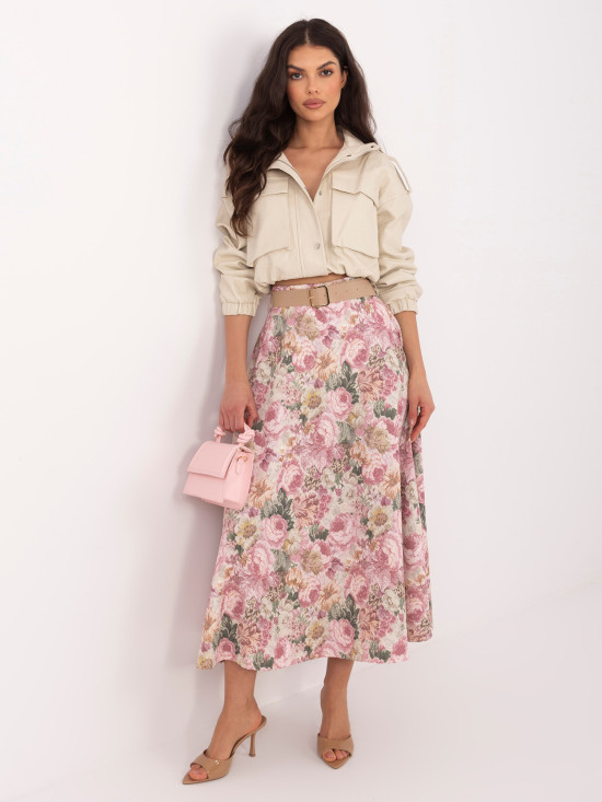 Elegantní midi sukně s květinovým vzorem a páskem, růžová