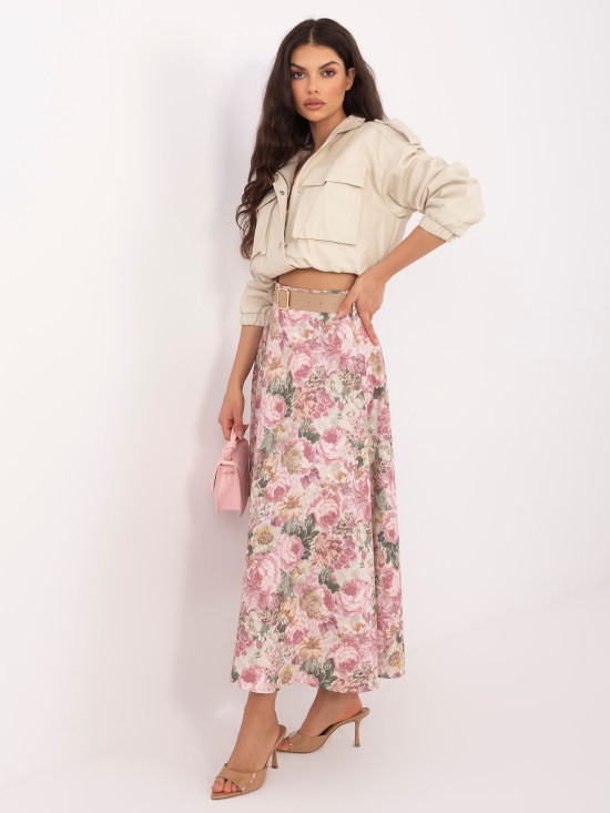 Elegantní midi sukně s květinovým vzorem a páskem, růžová