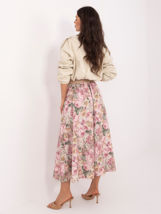 Elegantní midi sukně s květinovým vzorem a páskem, růžová