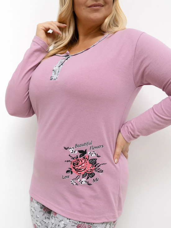Dámské pyžamo s květinovým vzorem, dlouhý rukáv, růžové