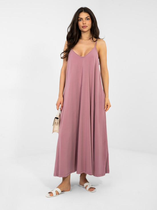 Maxi letní šaty s V výstřihem a kapsami, tmavě růžové