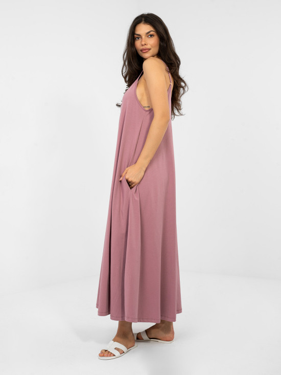 Maxi letní šaty s V výstřihem a kapsami, tmavě růžové