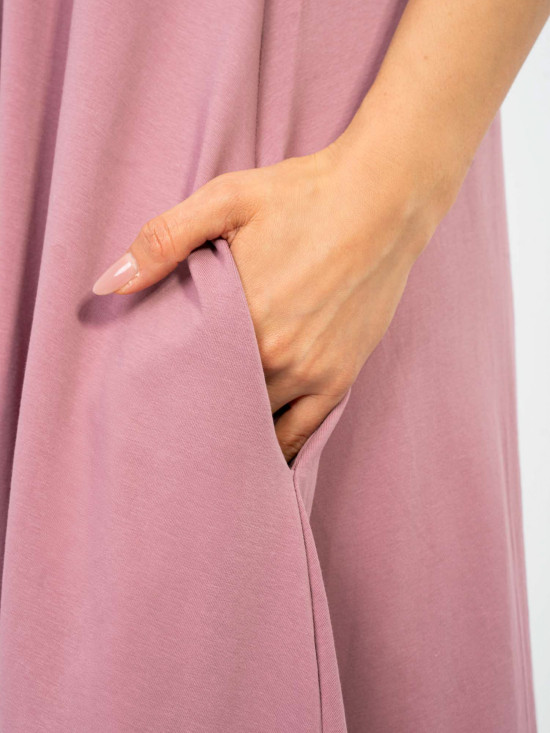 Maxi letní šaty s V výstřihem a kapsami, tmavě růžové