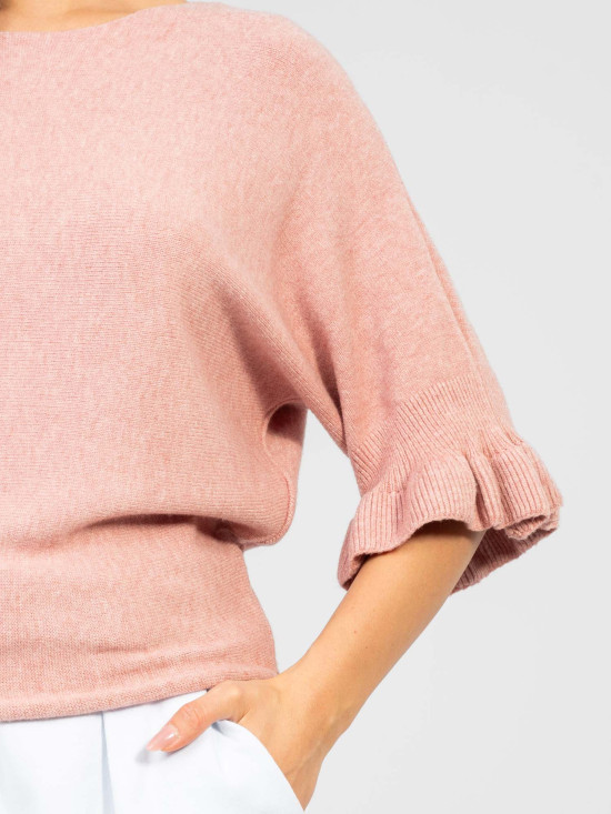 Elegantní růžový svetr s 3/4 rukávy a volánem