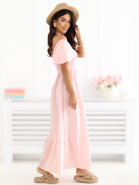 Oranžové midi šaty s volánem a kostkovaným vzorem