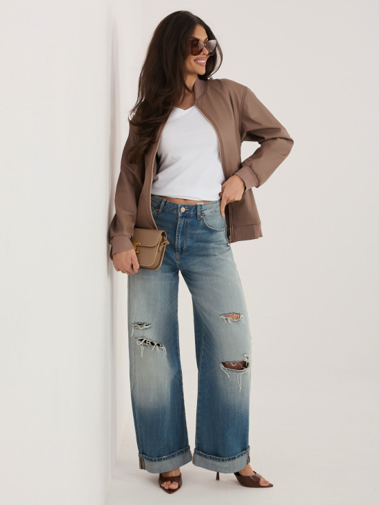 Béžová přechodná bunda z eko kůže se stojáčkem