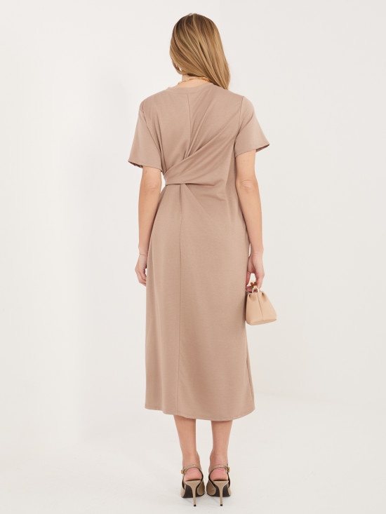 Béžové midi letní šaty s krátkým rukávem