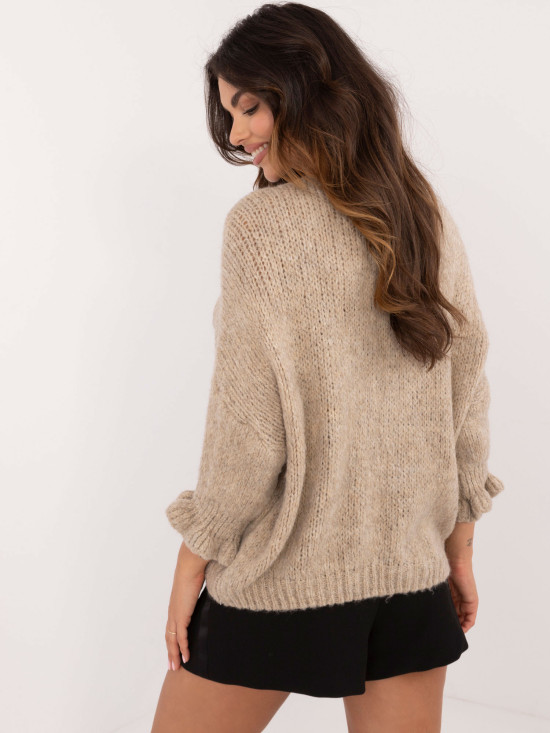 Stylový tmavě béžový svetr s 3/4 rukávy