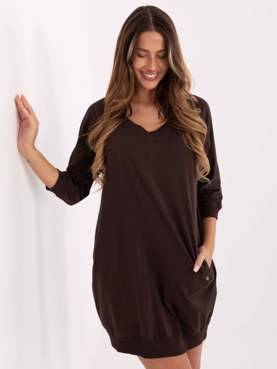 Hnědé bavlněné šaty s 3/4 rukávem a V - výstřihem