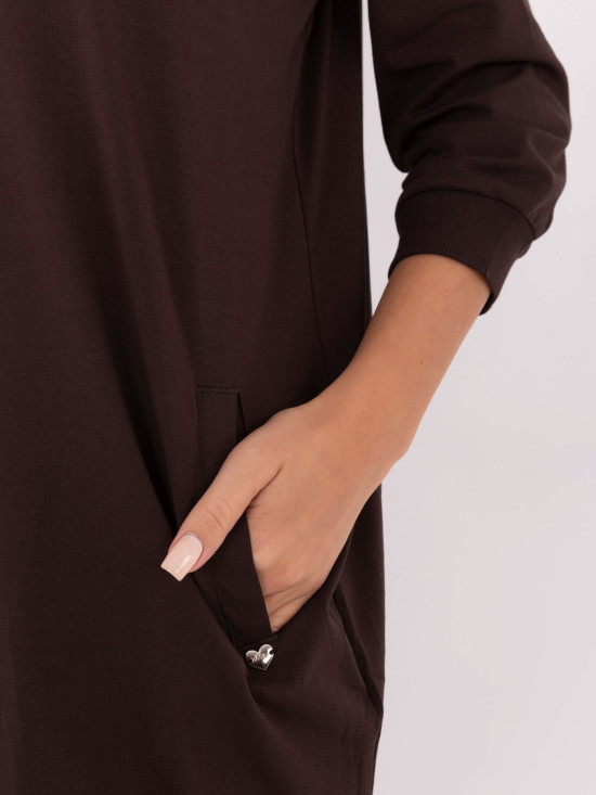 Hnědé bavlněné šaty s 3/4 rukávem a V - výstřihem