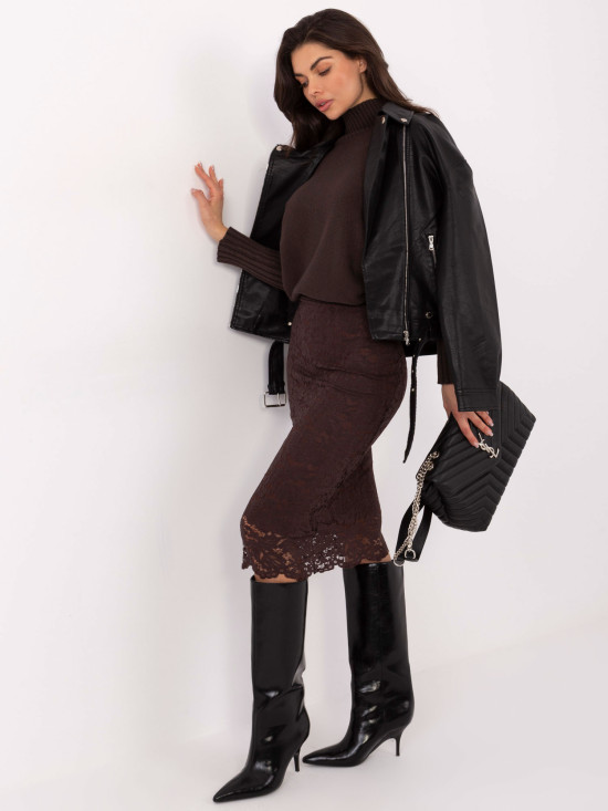 Elegantní midi sukně s krajkou a podšívkou, hnědá