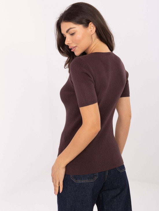 Hnědý žebrovaný pulovr s výstřihem do V