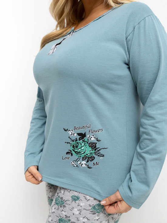 Dámské pyžamo s květinovým vzorem, dlouhý rukáv, zelené