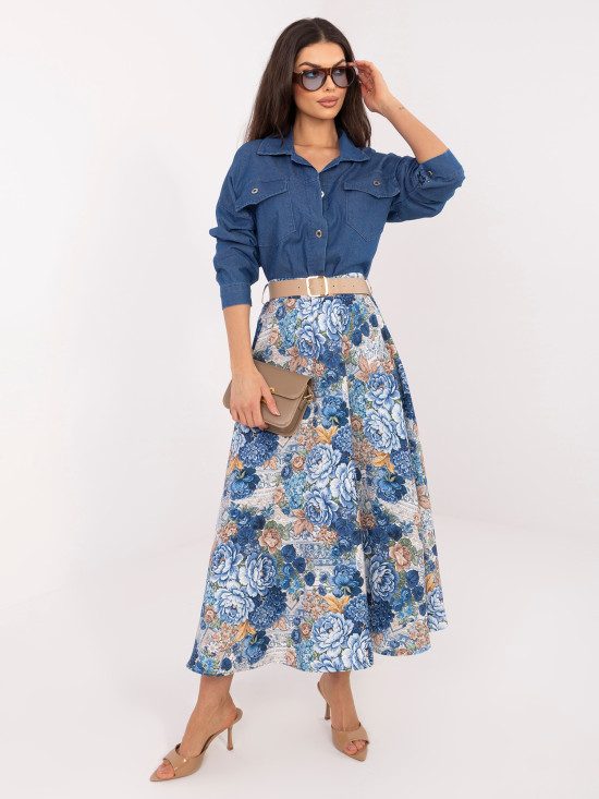 Elegantní midi sukně s květinovým vzorem a páskem, modrá