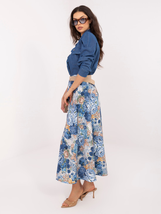 Elegantní midi sukně s květinovým vzorem a páskem, modrá