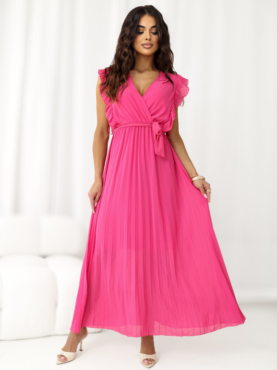 Rozšířené midi šaty s páskem v tmavě růžové barvě