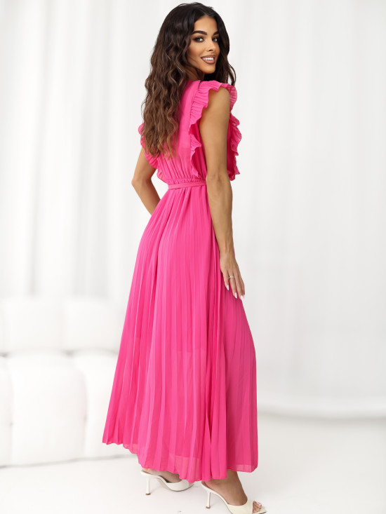 Rozšířené midi šaty s páskem v tmavě růžové barvě