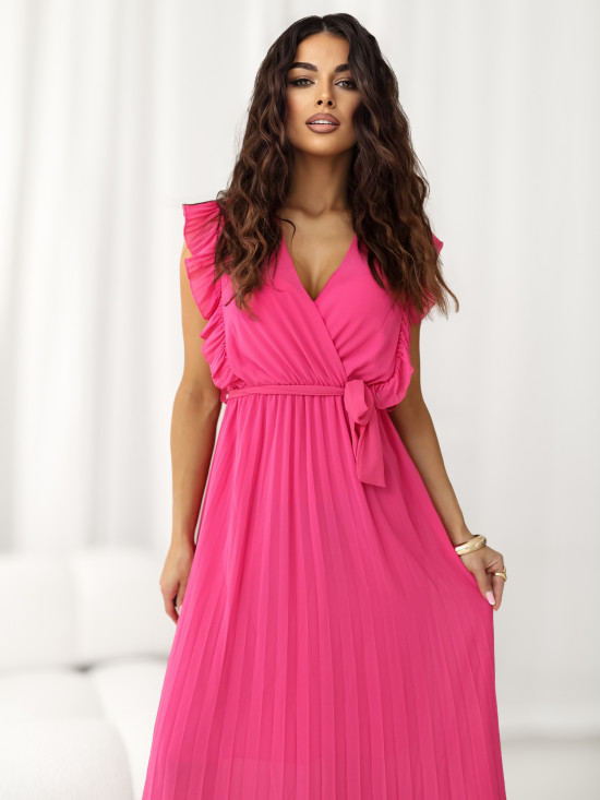 Rozšířené midi šaty s páskem v tmavě růžové barvě