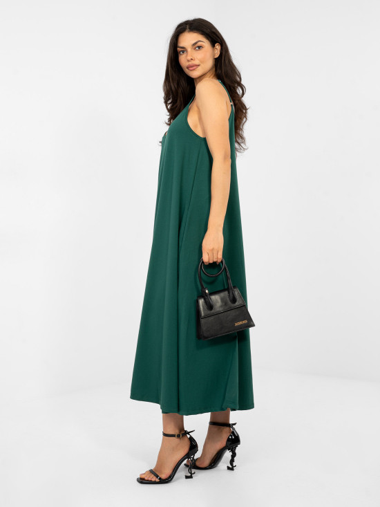 Maxi letní šaty na ramínka v tmavě zelené barvě
