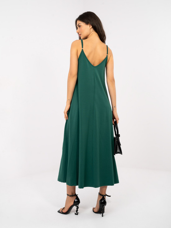 Maxi letní šaty na ramínka v tmavě zelené barvě