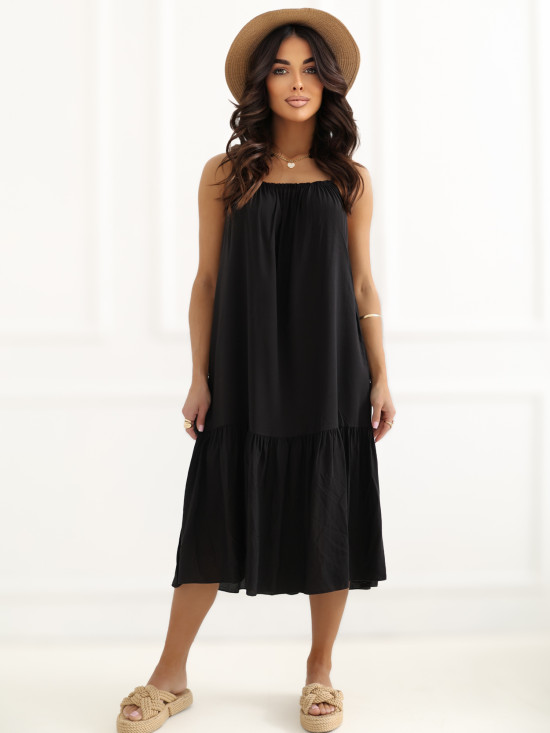 Černé rozšířené midi šaty s volánem