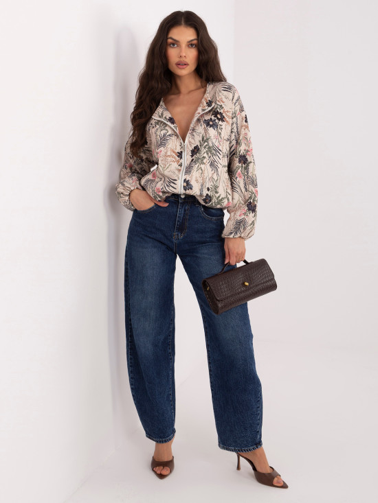 Černá květovaná bomber bunda s nabíranými rukávy