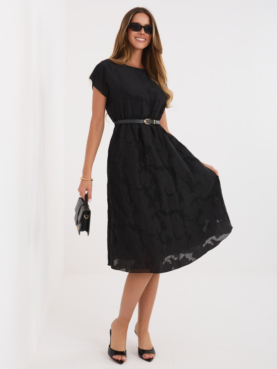 Černé rozšířené midi šaty s páskem