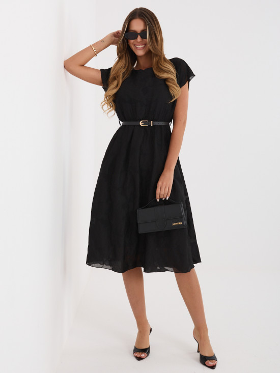 Černé rozšířené midi šaty s páskem
