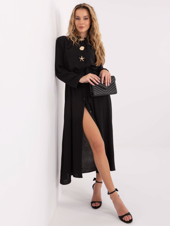 Černé rozšířené midi šaty s páskem a broží