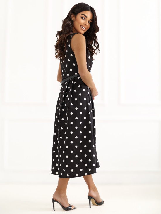 Černé midi šaty s puntíky a páskem