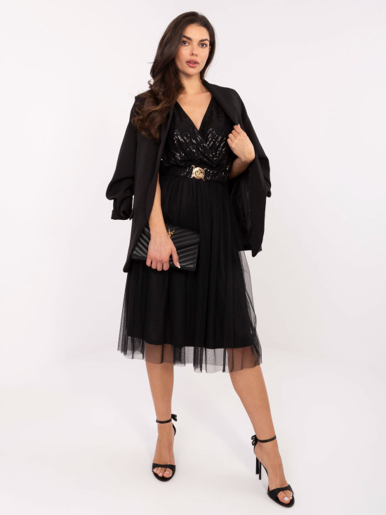 Černé midi šaty s páskem a flitrovou aplikací