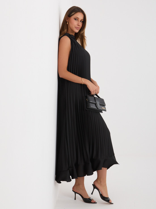 Černé koktejlové midi šaty s vázáním a volánem