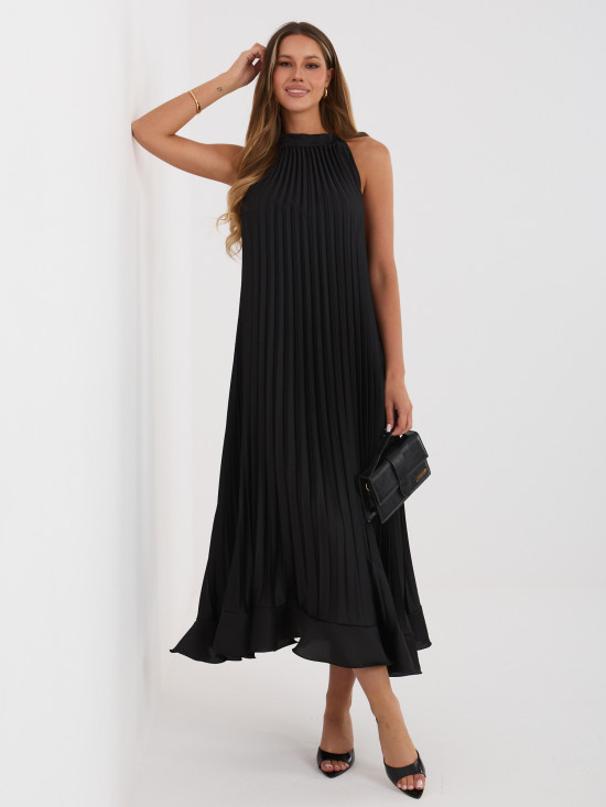 Černé koktejlové midi šaty s vázáním a volánem