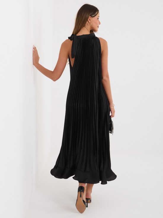 Černé koktejlové midi šaty s vázáním a volánem