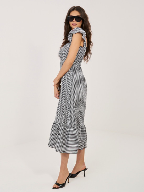 Černé midi šaty s volánem a kostkovaným vzorem