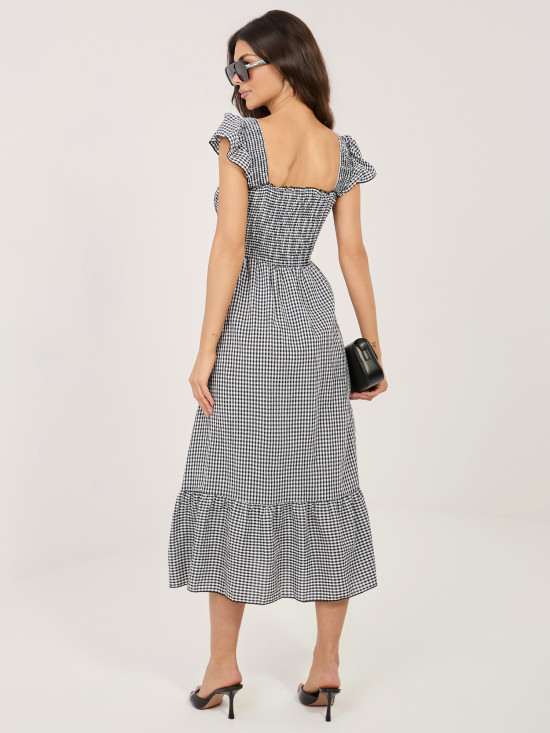 Černé midi šaty s volánem a kostkovaným vzorem