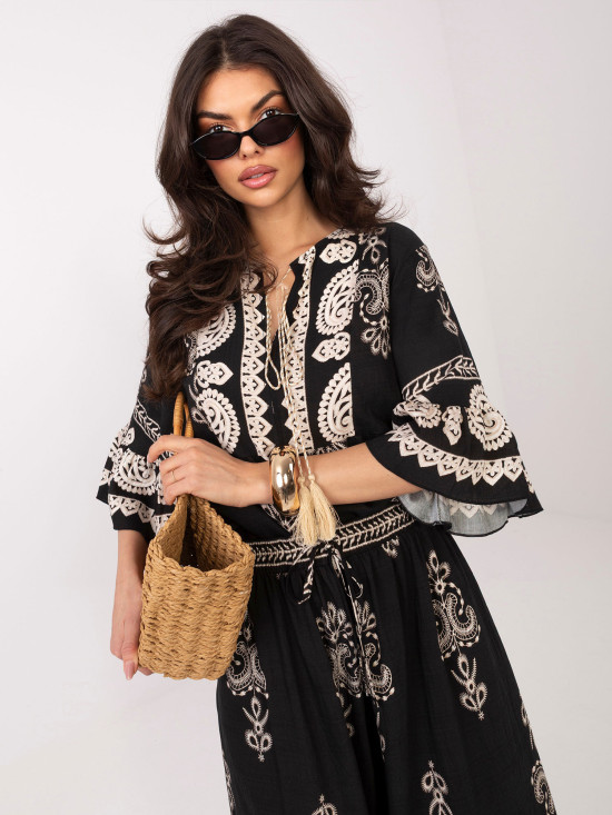 Dámský komplet s potiskem a vázáním, černý