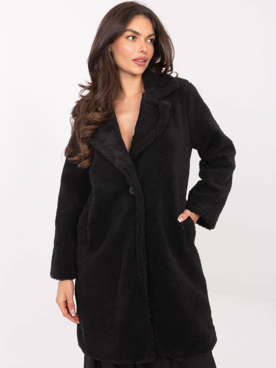 Černý teddy kabát s podšívkou a kapsami