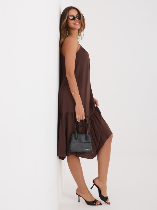 Hnědé rozšířené midi šaty s volánem